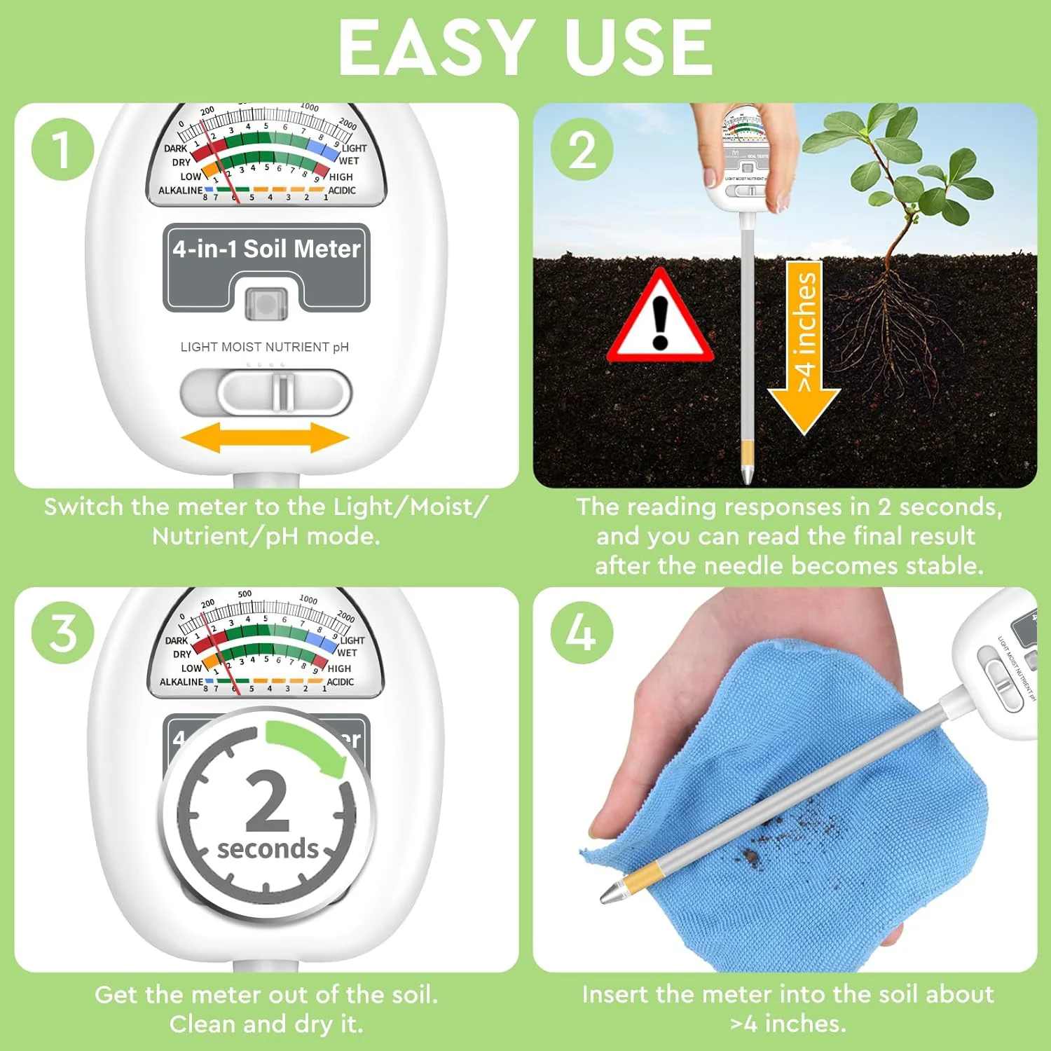4-in-1 Watering Meter (Moisture,Light,Soil PH,Nutrient) - Image 3