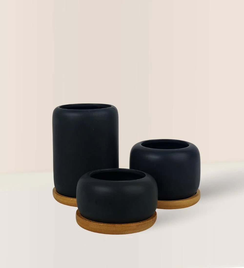 Matte Black Cement Pot with Wooden Tray - Short - Image 4