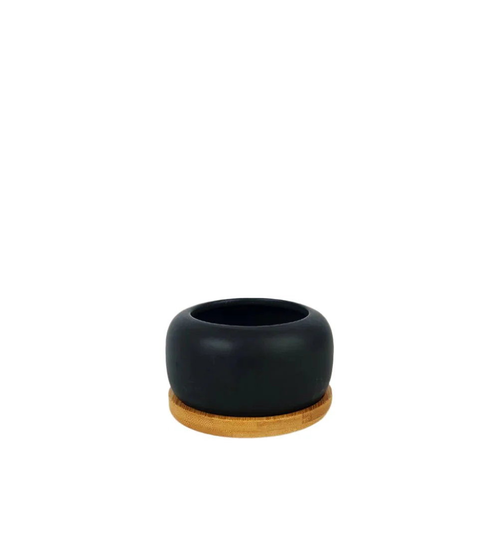 Matte Black Cement Pot with Wooden Tray - Short - Image 5
