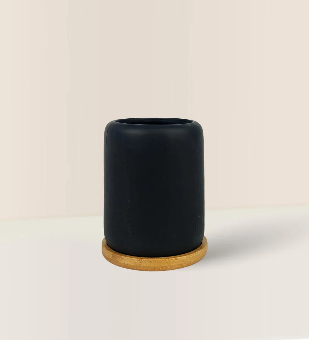 Matte Black Cement Pot with Wooden Tray - Tall - Image 2