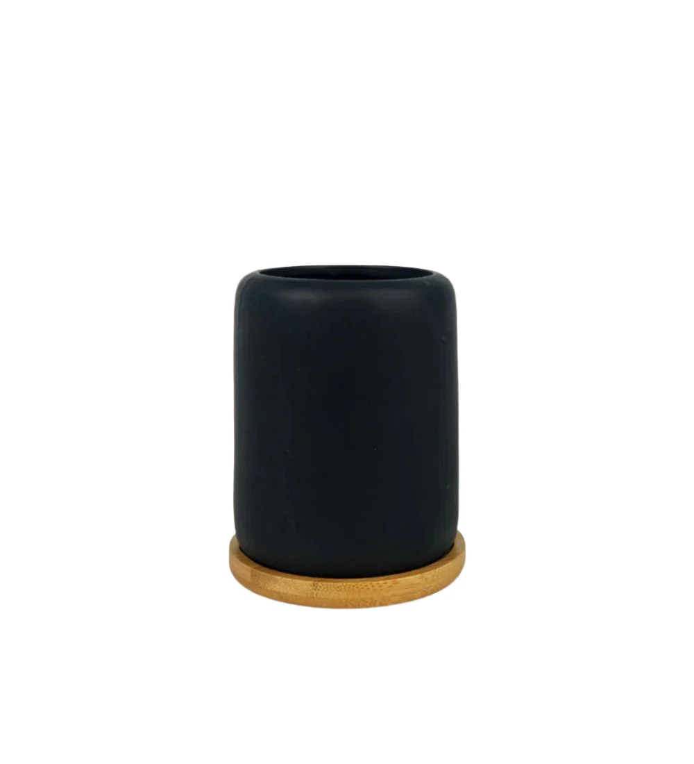 Matte Black Cement Pot with Wooden Tray - Tall - Image 3