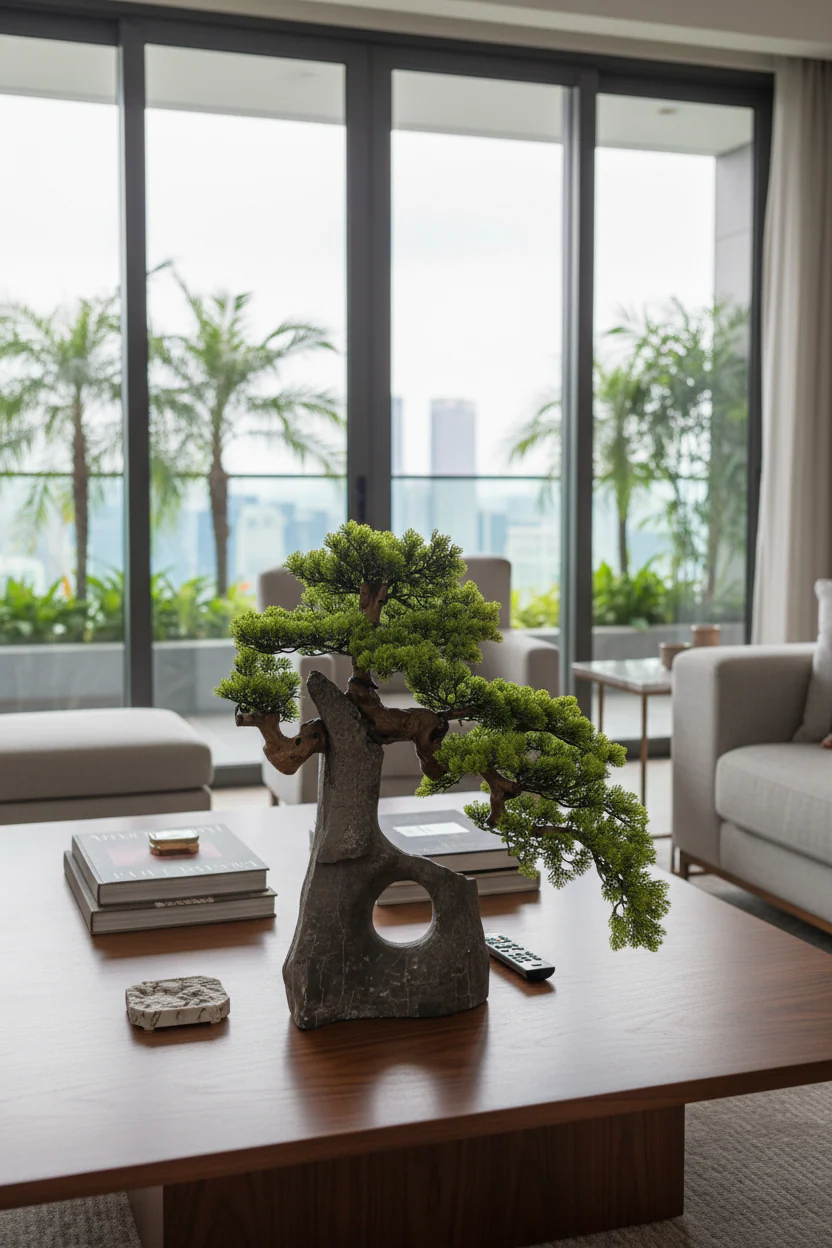 Sculpted Bonsai on Stone Centerpiece - Real-Trunk Artificial